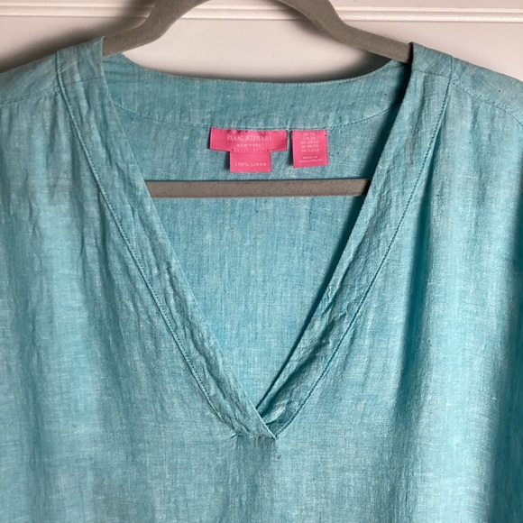 Isaac Mizrahi Womens 100% Linen Blue Boxy V Neck Cuffed Cap Sleeve Top Size 2X - Picture 5 of 9
